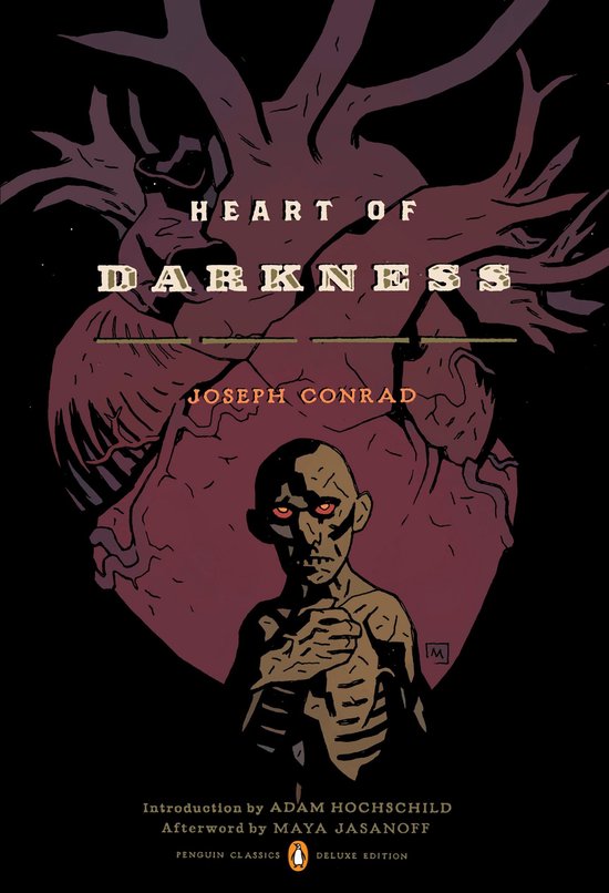 Boek 'Heart of Darkness' van Joseph Conrad, met een illustratie van een mensfiguur voor een rood hart.