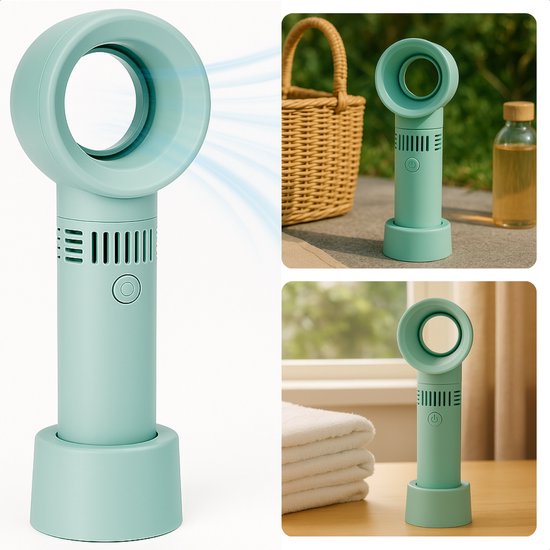 Draagbare bladloze ventilator USB oplaadbaar stil veilig compact bureau tafelventilator Cheqo® groen