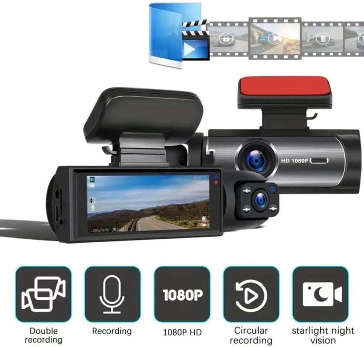 Dashcam voor en binnen dubbele camera, 1080P DVR Dashcam-rijrecorder met 3,16 inch IPS-scherm, 170° groothoekondersteuning, helder nachtzicht, botsingsvergrendeling en lusopname – foto 4