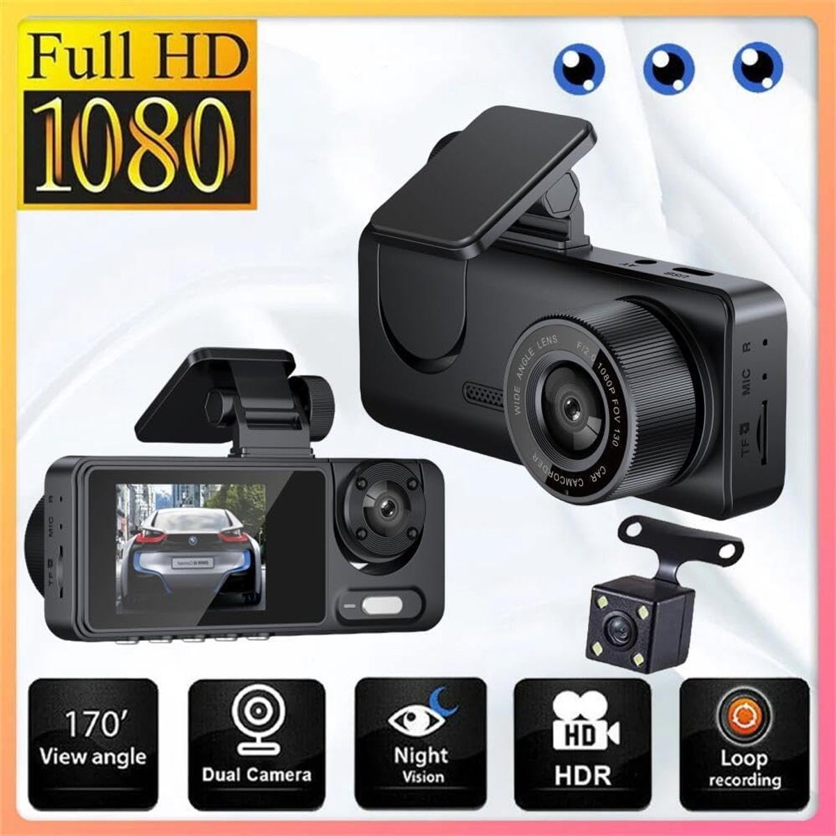 1080P Dashcam met wifi voor auto's, 3-kanaals dashcam voor en achter, 2,0 inch IPS-scherm, loop-opname, G-sensor, WDR, 24-uurs parkeermodus, bewegingsdetectie – foto 3