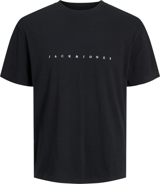Zwarte t-shirt met korte mouwen en ronde hals. Tekst "JACK & JONES" op de borst.