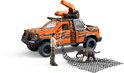 Oranje speelgoed pick-up truck met tijgerstrepen, kraan, manfiguur en een olifant in een net.
