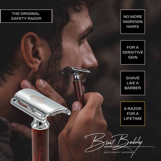 Brent Berkeley® Safety Razor Scheerset - Professioneel Veiligheidsscheermes / Krabbertje met Scheerkom, Scheerkwast & Double Edge Blades
