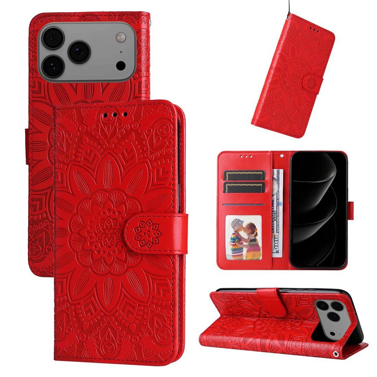 Mobigear Telefoonhoesje geschikt voor Apple iPhone 17 Pro Max Hoesje | Mobigear Sunflower Bookcase Portemonnee | Pasjeshouder voor 3 Pasjes | Telefoonhoesje voor Pinpas / OV Kaart / Rijbewijs - Rood
