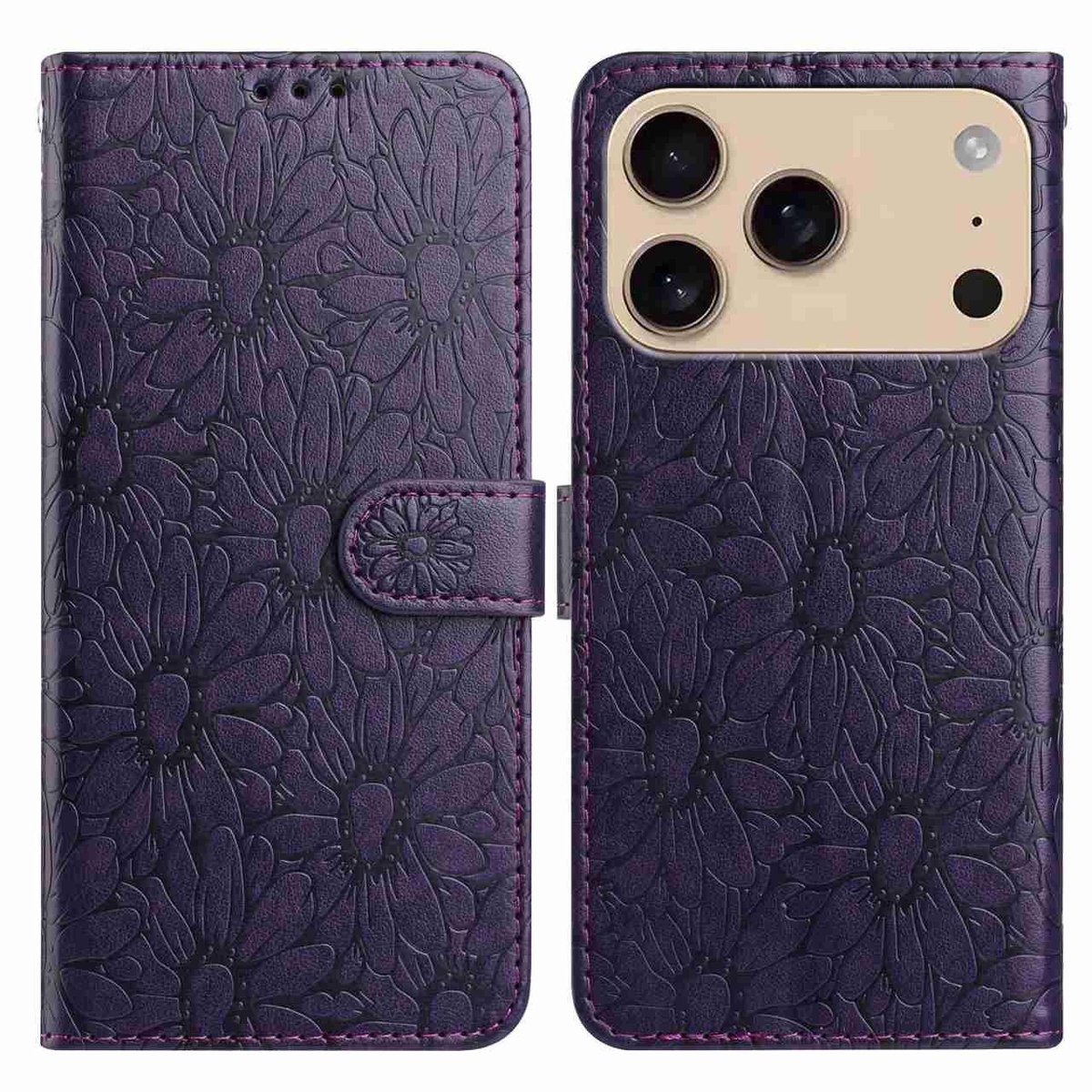 Mobigear Telefoonhoesje geschikt voor Apple iPhone 17 Pro Hoesje | Mobigear Flowers Bookcase Portemonnee | Pasjeshouder voor 3 Pasjes | Telefoonhoesje voor Pinpas / OV Kaart / Rijbewijs - Paars