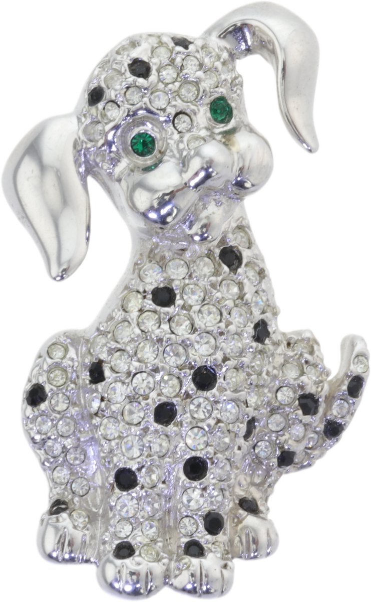 Behave – broche – zilverkleurig – groen – dalmatiër – kristallen – speels