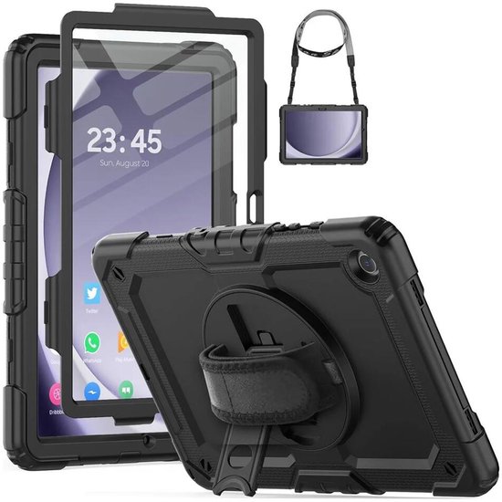 Hoes met ingebouwde Screenprotector Geschikt voor Samsung Galaxy Tab A9 Plus | Inclusief 360° Draaibare Handriem en Schouderriem | Extreme bescherming | Ideaal voor zakelijk gebruik | Zwart