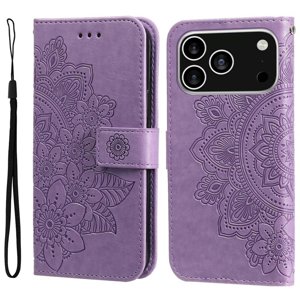 Mobigear Telefoonhoesje geschikt voor Apple iPhone 17 Pro Hoesje | Mobigear Flowers Bookcase Portemonnee | Pasjeshouder voor 3 Pasjes | Telefoonhoesje voor Pinpas / OV Kaart / Rijbewijs - Paars