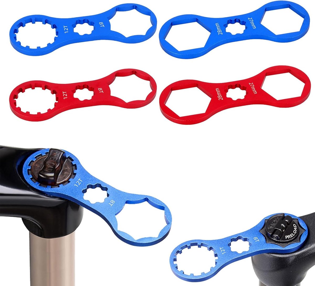 4 stuks - fiets voorvork sleutel - fiets voorvork reparatietool - dubbele voorvorkdopsleutels - fiets reparatietool - demontage- en installatiesleutel - fietsaccessoire - fiets demontagetool - rood en blauw
