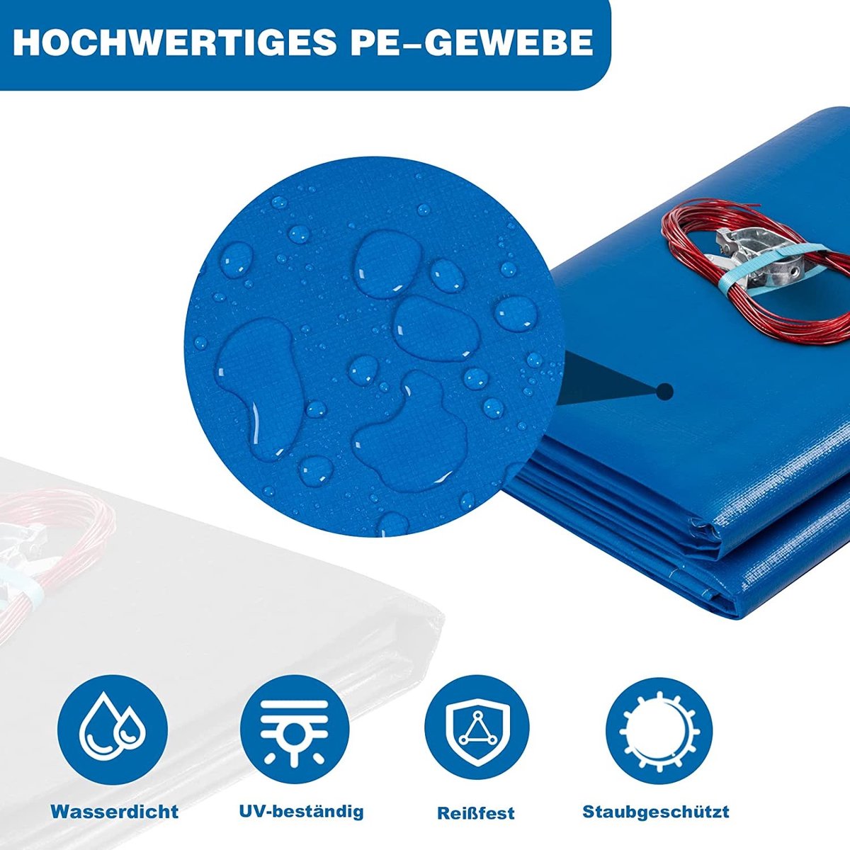warraich-200 g/m² PE zwembadzeil – Met oogjes en aluminium koordsluiting voor stevige afdekking-Blauw Φ 610 cm