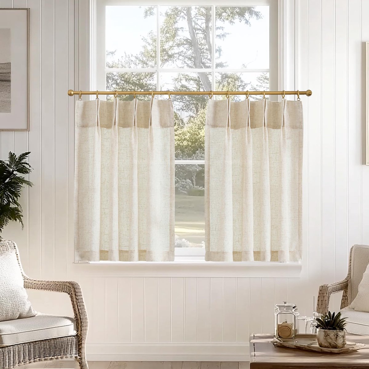 Ibenzoa Vitrage set van 2 voor keuken en balkondeur, halftransparant, linnenlook, landhuisstijl, 65 x 60 cm beige