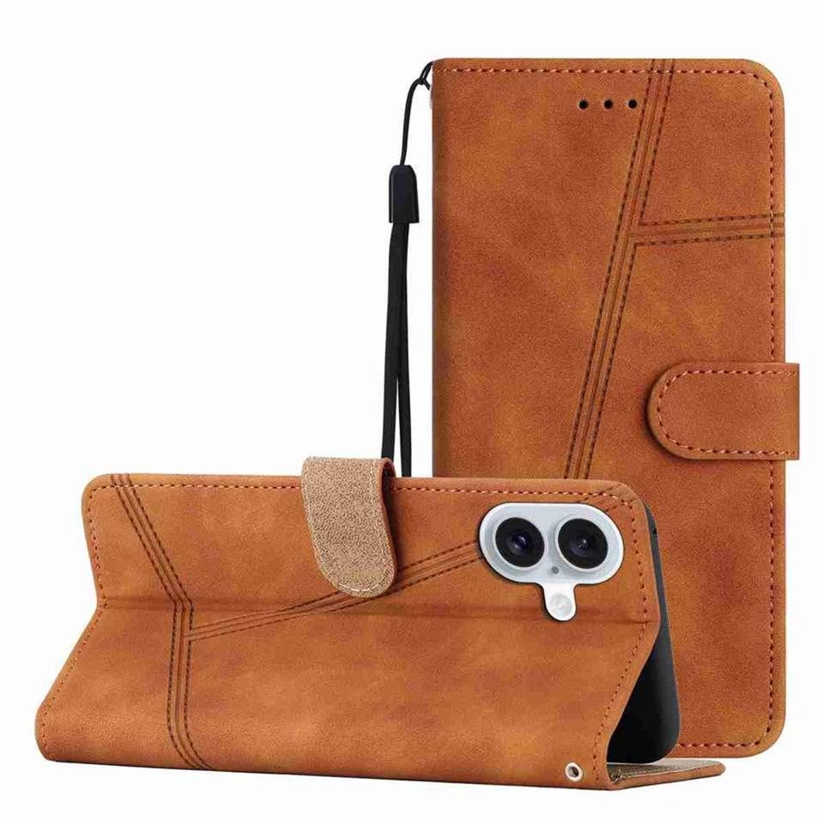 Mobigear Telefoonhoesje geschikt voor Apple iPhone 17 Hoesje | Mobigear Stitch Bookcase Portemonnee | Pasjeshouder voor 2 Pasjes | Telefoonhoesje voor Pinpas / OV Kaart / Rijbewijs - Bruin