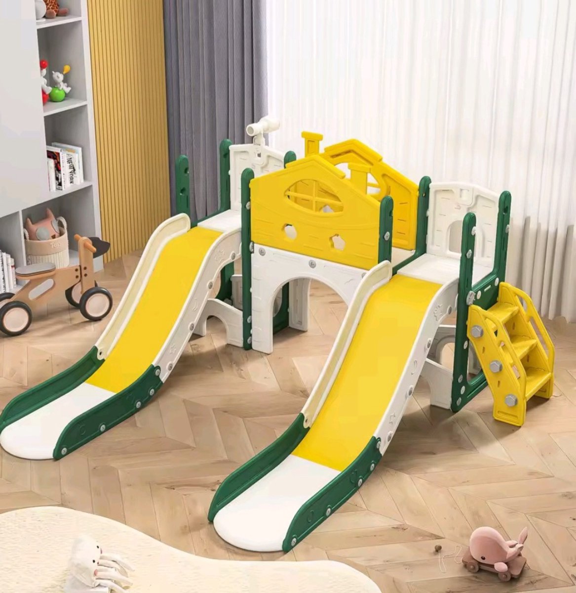 Mila Shop Dubbele glijbaan voor peuter - Kinderspeelplaats met dak - Bergruimte - Gangpaden - Trappen - Klimrek - Telescoop - 7 in 1