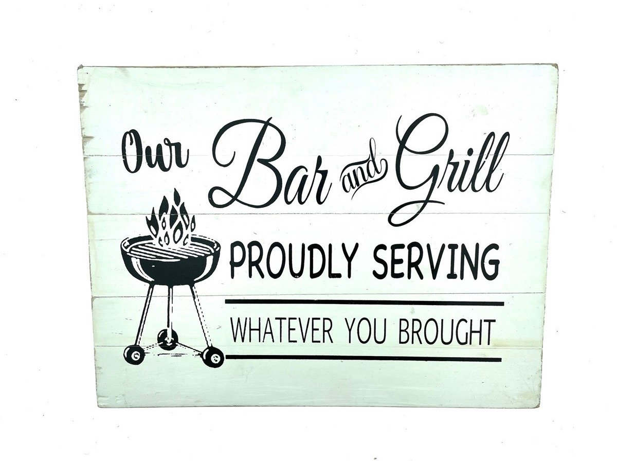 Tekstbord Bar and Grill wit. Ca. 40 x 30 cm