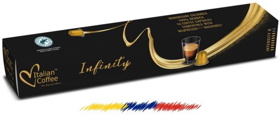 Boîte de 10 capsules de café "Infinity", logo "Italian Coffee", 100% Arabica de Colombie, Intensité 8.