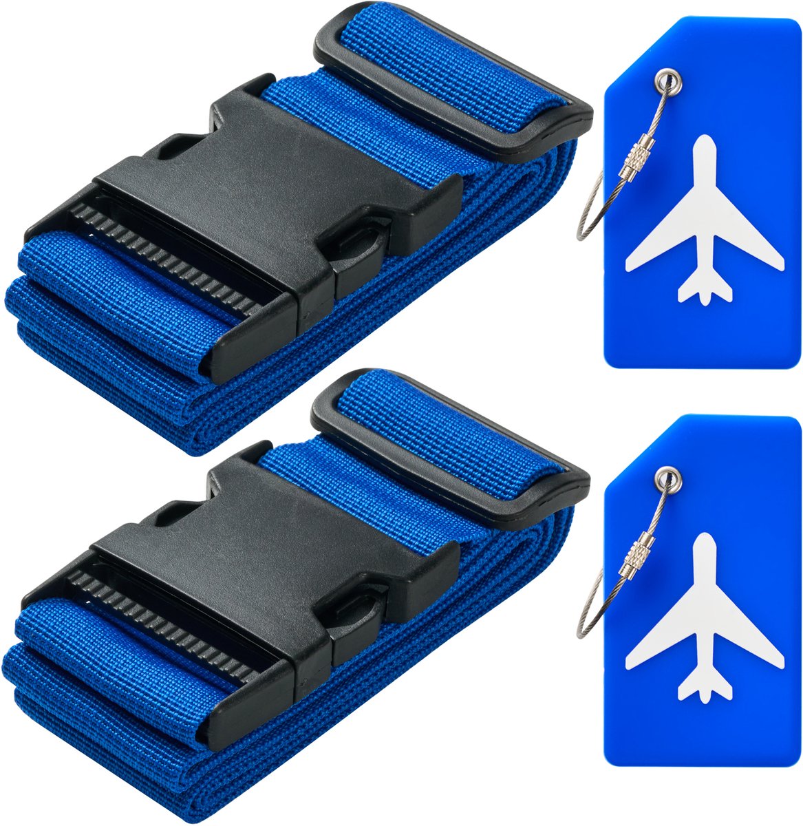 Bol.com YONO Kofferriem met Kofferlabel - 2 Kofferband en 2 Bagagelabel - Dubbele Bagage Riem Verstelbaar - 4 Pack - Blauw aanbieding