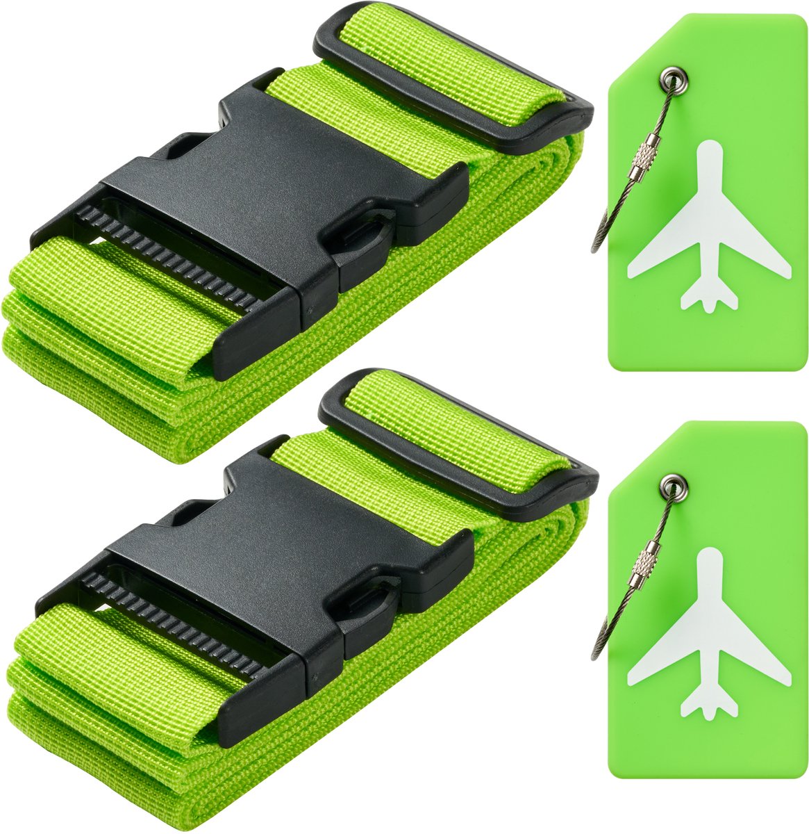 Bol.com YONO Kofferriem met Kofferlabel - 2 Kofferband en 2 Bagagelabel - Dubbele Bagage Riem Verstelbaar - 4 Pack - Groen aanbieding