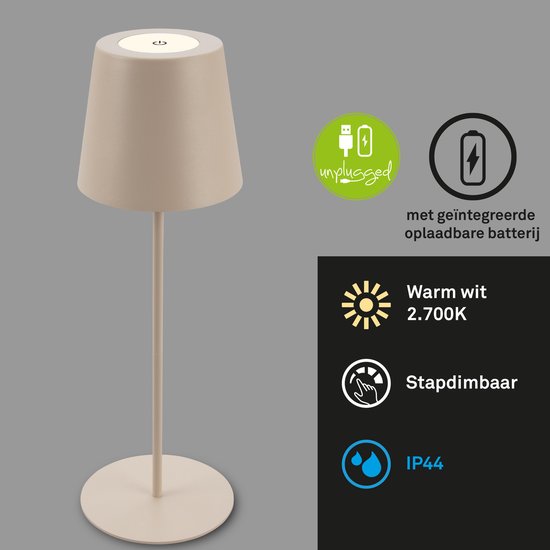 BRILONER - Lampe de table rechargeable - lampe sans fil - avec réglage tactile dimmable - pour intérieur et extérieur - hauteur réglable - 36 cm x 10,5 cm - beige