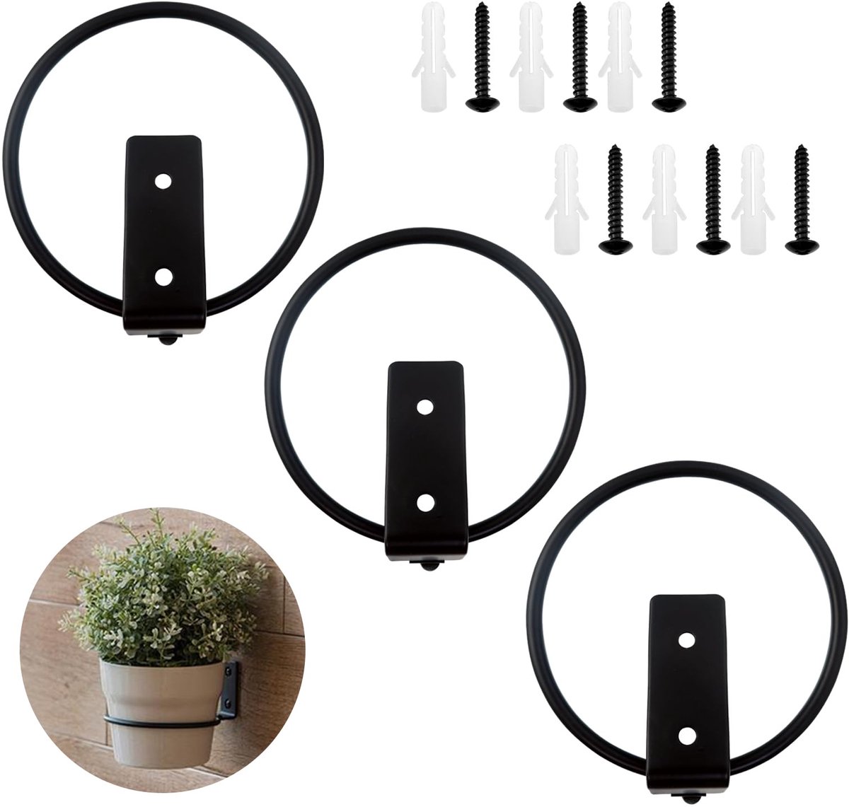 Ibenzoa® Bloempothouders Set van 3, Muurbeugel, Metaal, Zwart, 10cm