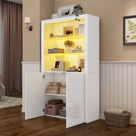 Pugsdrly 100 x 35 x 170 cm dressoir, glanzende opbergkast, vitrinekast met LED-verlichting, legplank van gehard glas, verticale kast voor de woonkamer