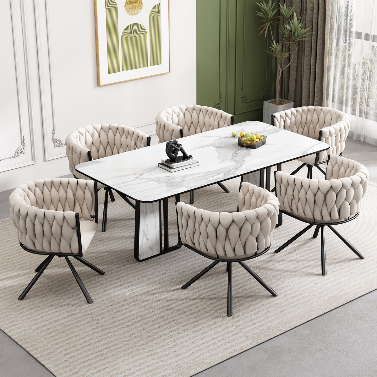 Merax Set van 6 Luxe Fluwelen Eetkamerstoelen – Draaibaar met 360° Rotatie – Ergonomisch Ontwerp – Metalen Onderstel – Beige