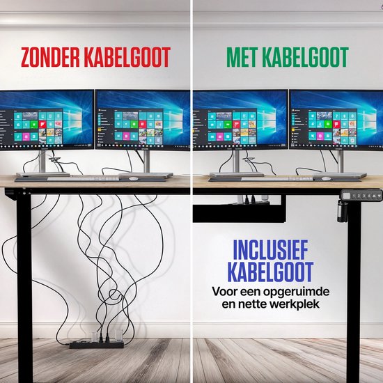 Vergelijking van een bureau zonder en met kabelgoot. Chaos van kabels versus een opgeruimde werkplek.