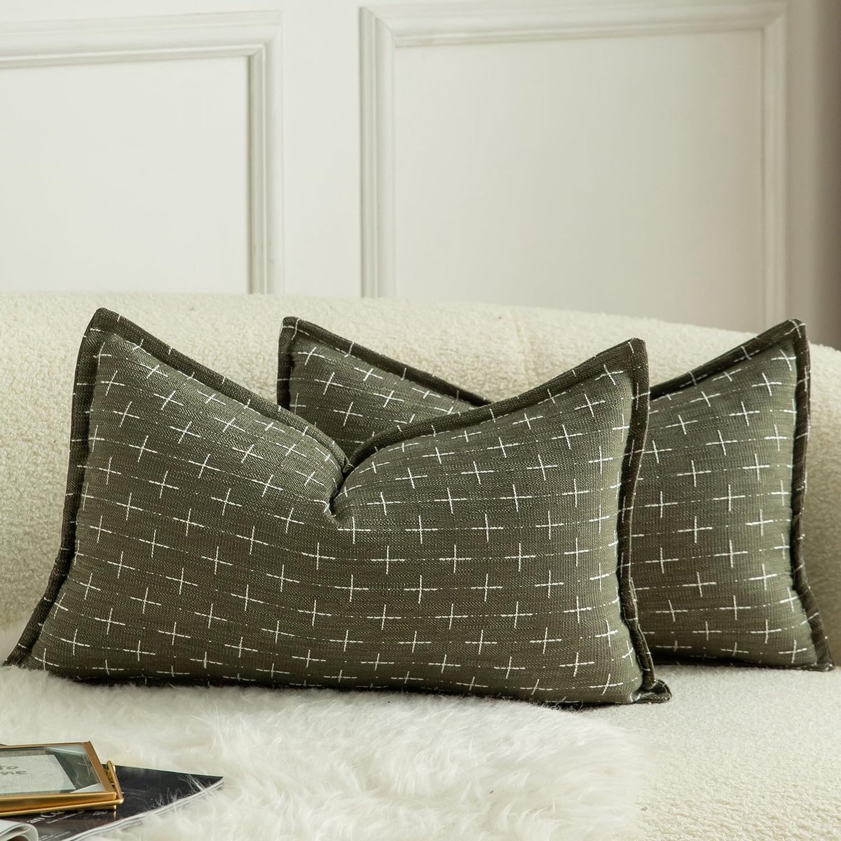 Ibenzoa Set van 2 Kussenslopen in Olijfgroen met Hennepstructuur – Modern & Rustiek Decor