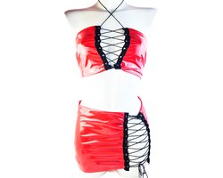 BamBella® Rok en top - Maat XXL - Rood Sexy Set van Datex (Mix latex en stof ) Erotische dames kleding set kostuum Rok Lak glans shiny paal dans pak sexy kleding dames