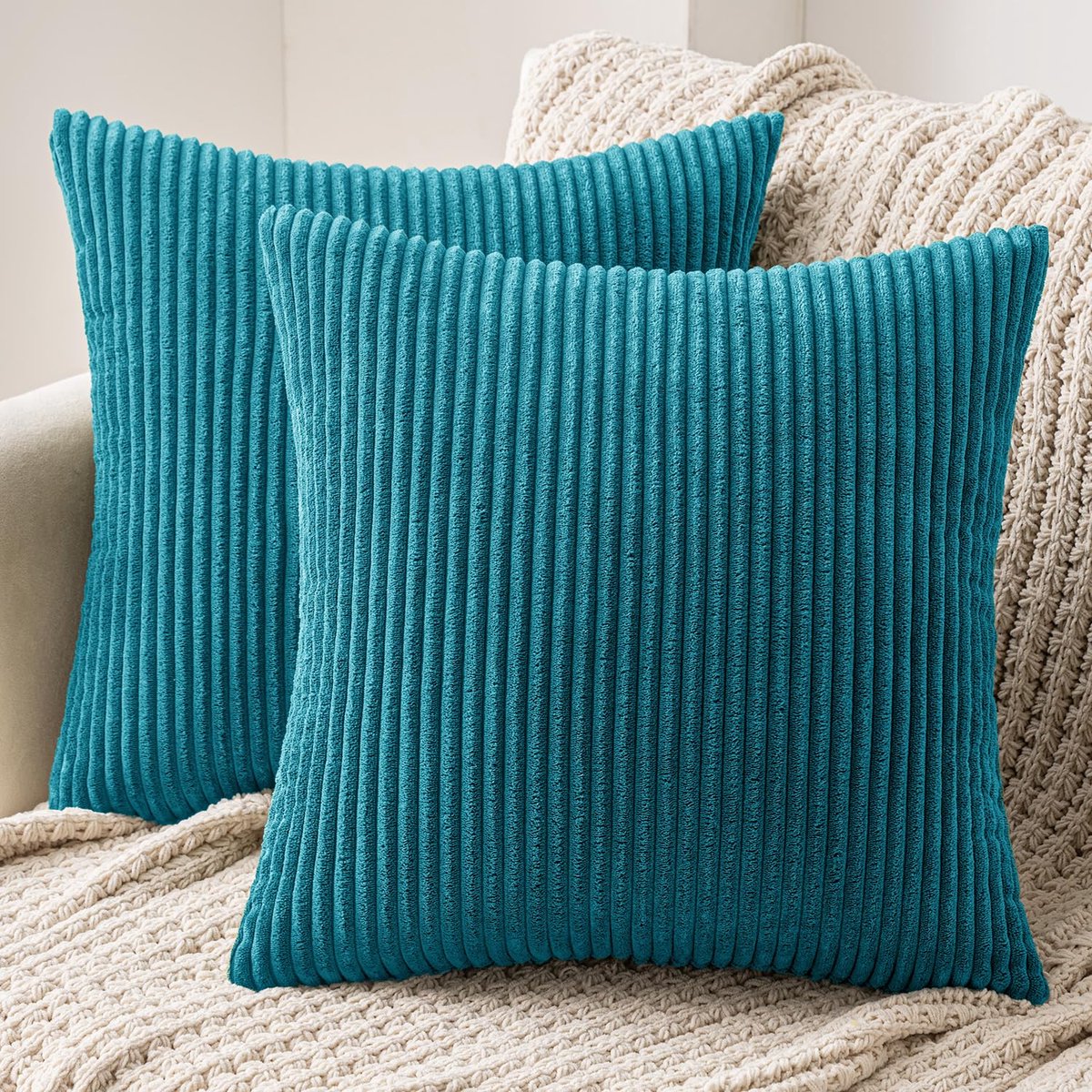 Ibenzoa Set van Twee Corduroy Kussenslopen met Verborgen Ritssluiting – Blauw Meer, 40x40cm