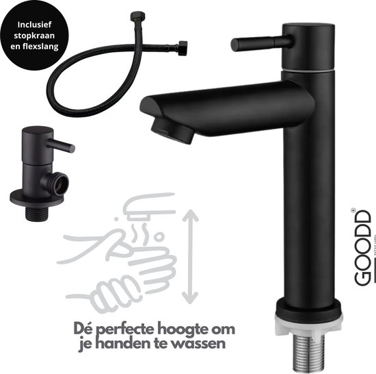GOODD® Frejus - Fonteinkraan - Toiletkraan - Koudwaterkraan - Wc kraan - Zwart - Met zwart nylon aansluitslang en Hoekstopkraan