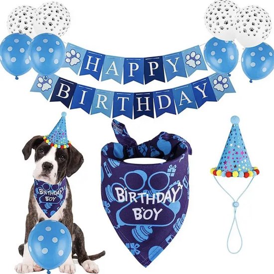 Hond met bandana en hoedje, omringd door ballonnen en een 'HAPPY BIRTHDAY' slinger.