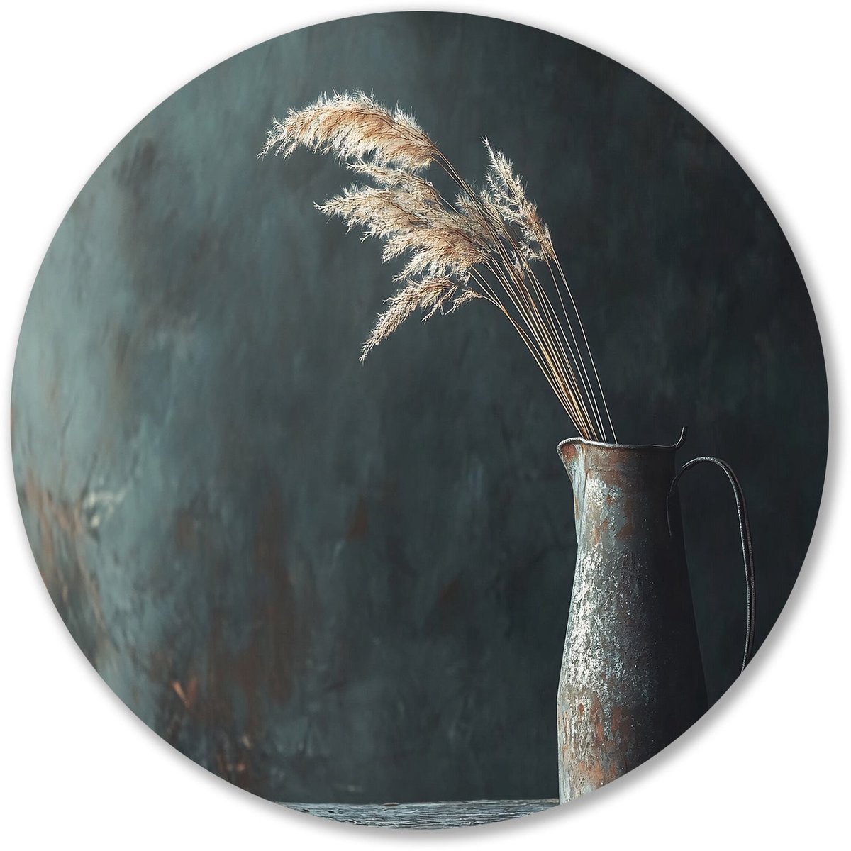 Rustieke vaas met droog gras - Stilleven schilderij rond - Rond wandpaneel vaas - Realisme