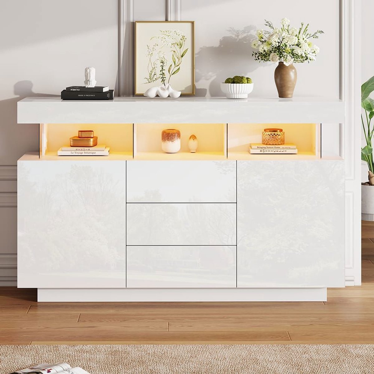 Pugsdrly Modern dressoir 140 x 35 x 80 cm, glanzend dressoir, koffiebar, acryl dressoir met 16-kleuren LED stripverlichting, geschikt voor eetkamer, keuken, hal (wit)