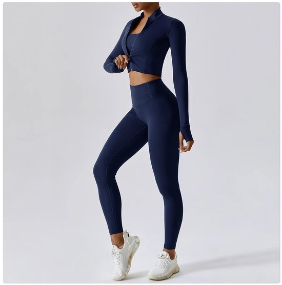 PureSquare - Ensemble de sport - 3 pièces - Taille M - Blauw - Ensemble Fitness - veste crop top - soutien-gorge de sport - leggings de sport - ensemble de yoga - ensemble de sport - ensemble de sport