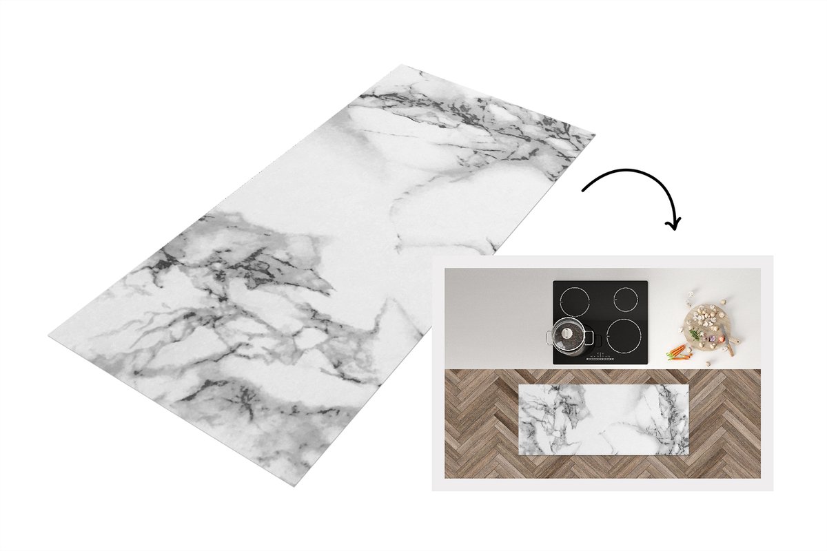 KitchenYeah Keukenloper 120x50 cm - Keukenmat vinyl Marmer - Steen - Wit - Grijs - Zwart - Marmerlook - Keukenmatten loper - Keuken vloerkleed tapijt Marmer Wit