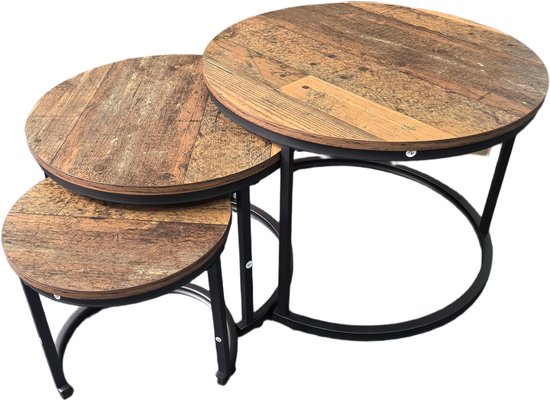 Table basse ronde BAUER & MEYER® - Style industriel - Set de 3 Tables basses - Table d'appoint - Marron