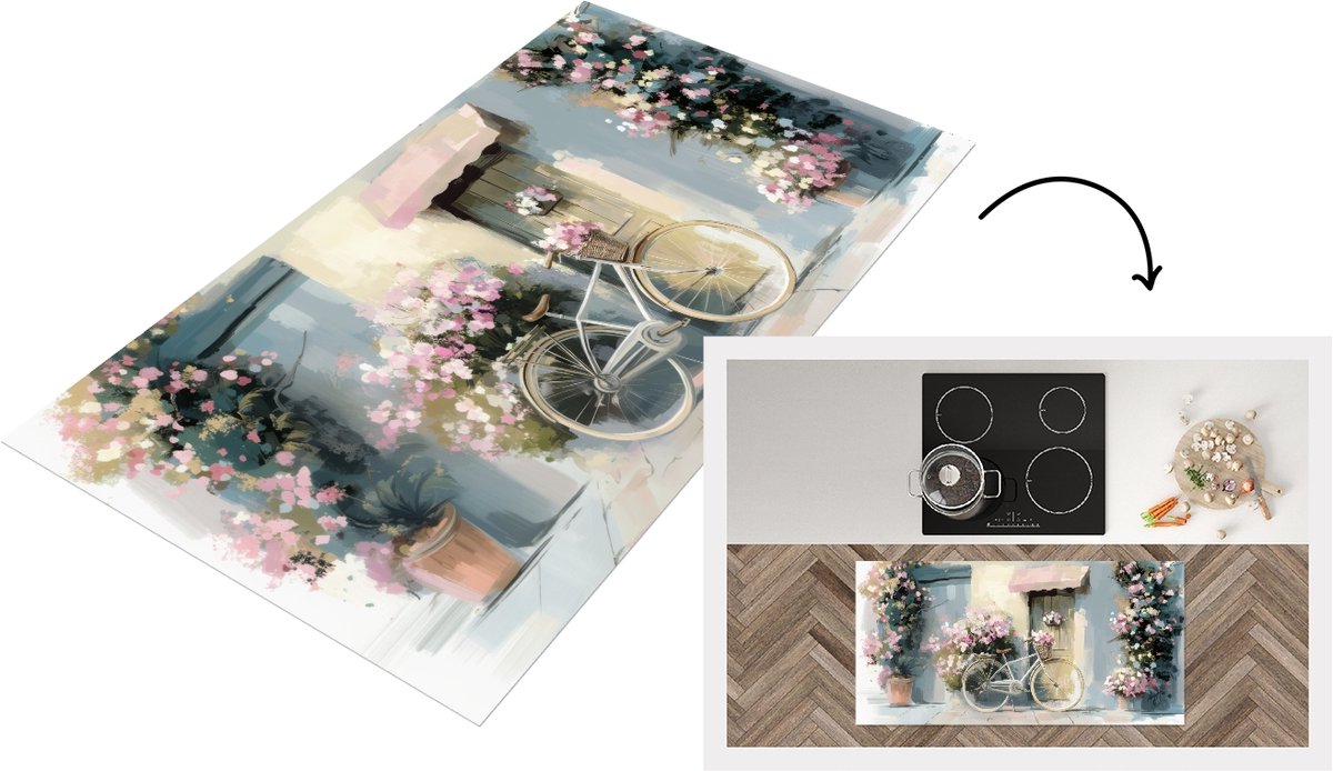 KitchenYeah Keukenloper 120x60 cm - Keukenmat vinyl Fiets - Pastelkleuren - Bloemen - Keukenmatten loper - Keuken vloerkleed tapijt Landschap - Fiets