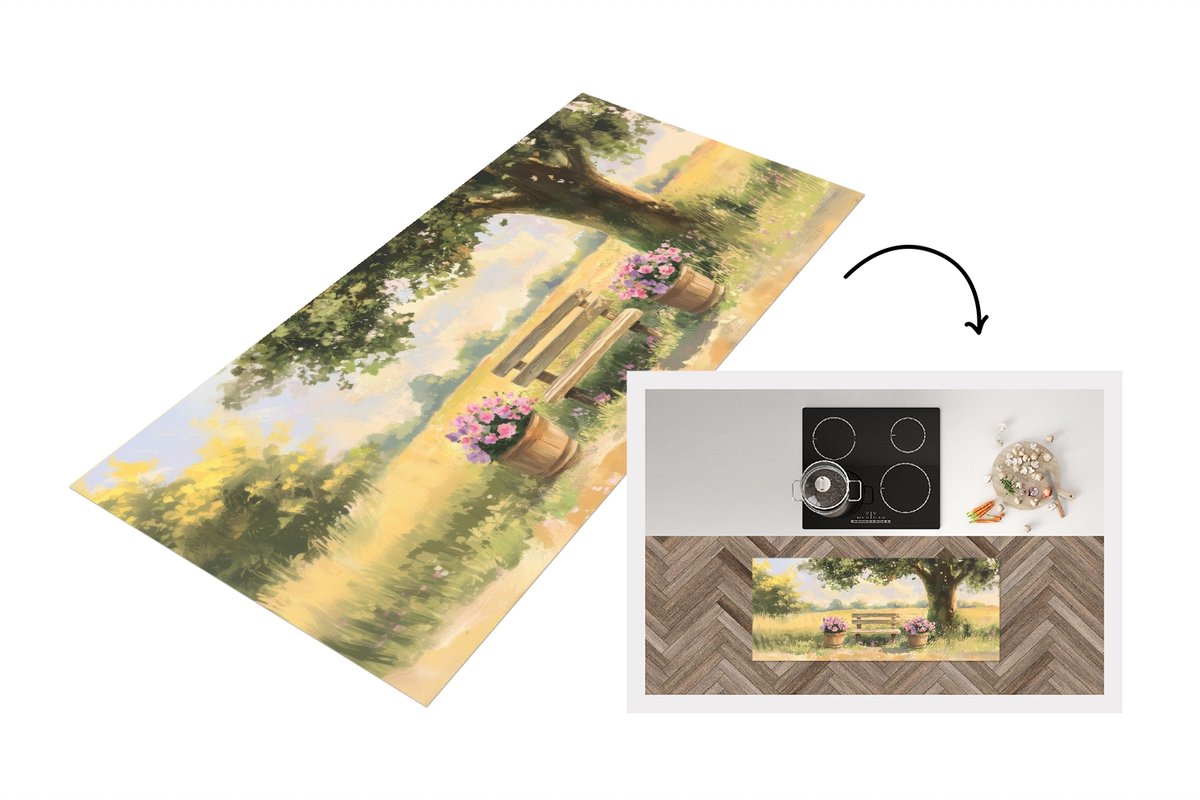 KitchenYeah Keukenloper 120x50 cm - Keukenmat vinyl Houten bankje - Bloempotten - Landschap - Keukenmatten loper - Keuken vloerkleed tapijt Landschap - Houten bankje