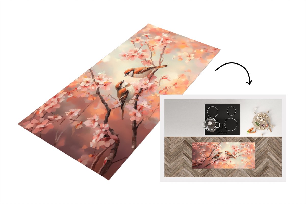KitchenYeah Keukenloper 120x50 cm - Keukenmat vinyl Vogels - Romantic - Bloesemtak - Keukenmatten loper - Keuken vloerkleed tapijt Vogels - Bloesemtak