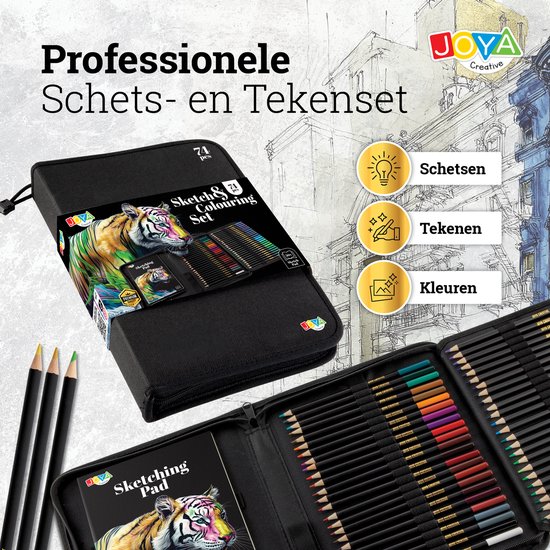 Zwarte etui met "Sketch & Colouring Set 71 pcs" en een tijgerafbeelding. Binnenin liggen potloden.