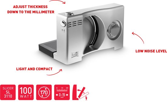 FRITEL Snijmachine - SL 3110 - Broodsnijmachine met Gekarteld Mes - Vlees- en Broodsnijder - 0-15mm -Ø 17cm - Dichtklapbaar Vleessnijmachine voor thuis elektrisch - 100W van Fritel — afbeelding 5