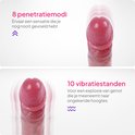 Detail van de roze dildo vibrator, met illustraties van penetratiemodi en vibratiestanden.