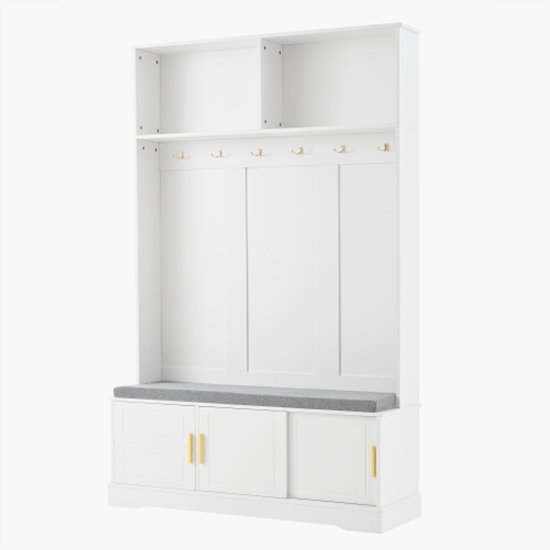 Witte kapstok met schoenenbank, 6 gouden haken en bovenplanken.