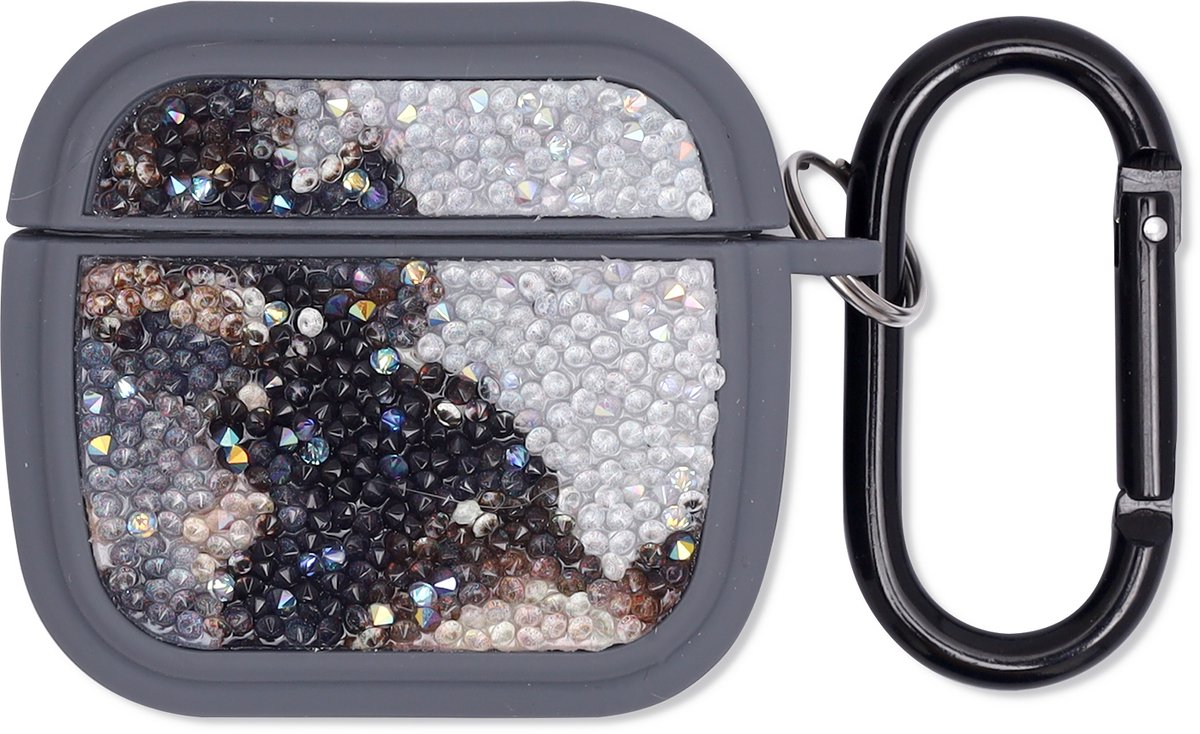 Casemania Hoesje Geschikt voor Apple AirPods 4 - Grijs - Diamant Marmer Glitter Cover met Ring en Sleutelhanger