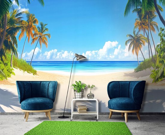 WALLARENA - Fotobehang - 250x175 cm - 3D strand, zee, palmen, natuur voor slaapkamer en woonkamer