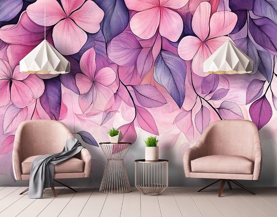 WALLARENA - Fotobehang - 300x210 cm - Fototapete met roze en paarse bloemen voor slaapkamer en salon, vliesbehang