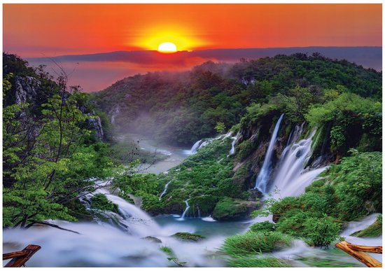 WALLARENA - Fotobehang - 350x250 cm - 3D waterval zon uitzicht woonkamer slaapkamer muurdecoratie