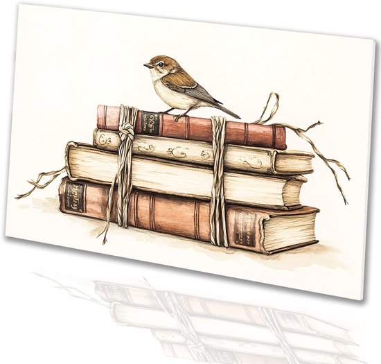 Vintage vogel en boeken kunst - Vogels glasschilderij - Muurkunst boeken - Aquarel - Plexiglas - Klassiek schilderijen - Glasschilderij 150x100 cm