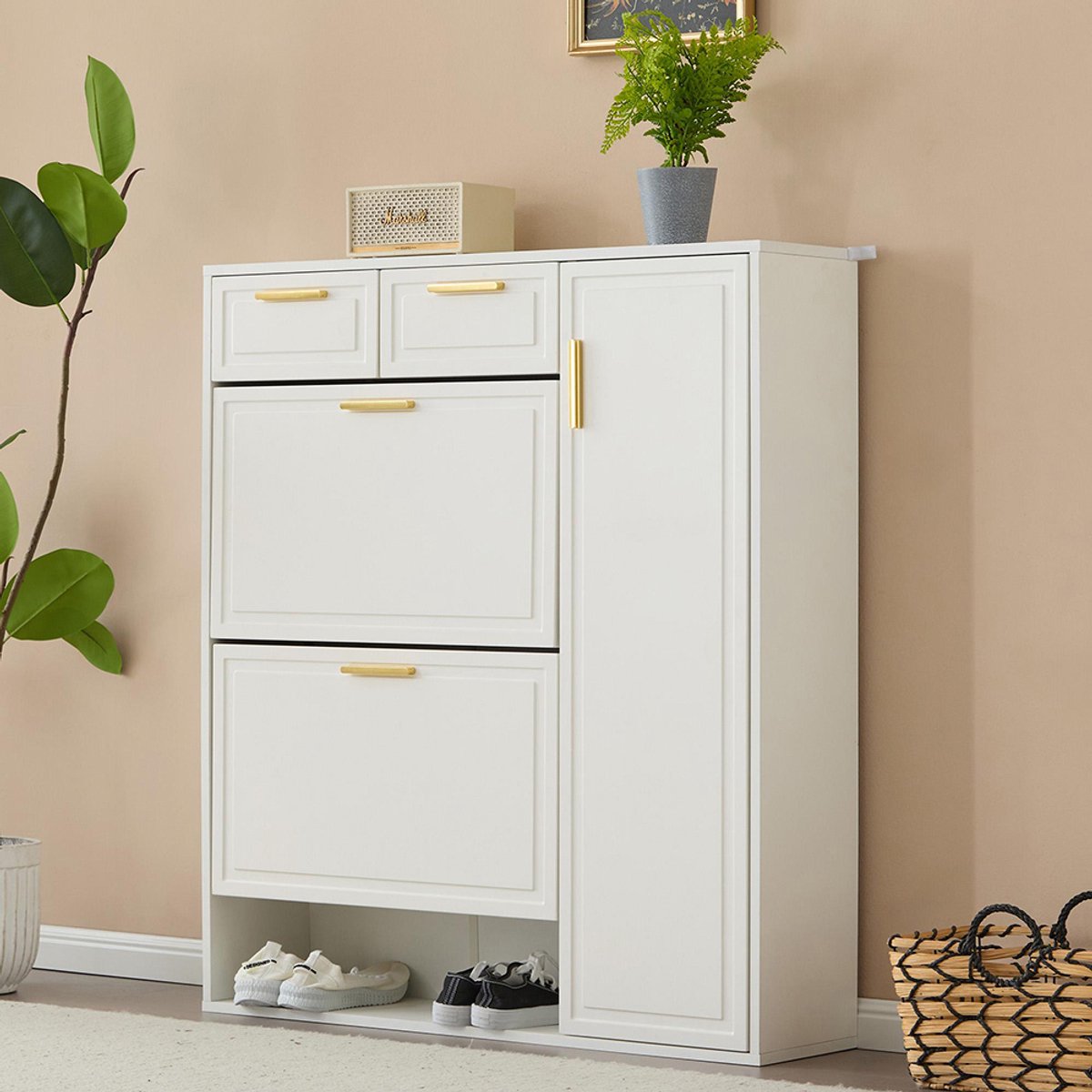 Pugsdrly Moderne schoenenkast met verstelbare planken, gouden handgrepen, lades, opklapbare schoenenkast en deuren, wit L95/P24/H1075