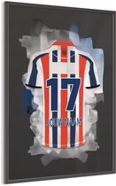 Willem 2 2025-2026 ingelijste poster met personalisatie - Met eigen naam en rugnummer - A4 formaat - 21x29.7 cm - Semi/ glossy papier - Voetbal shirt poster - Geïnspireerd op de kleuren van Willem II en een beetje fantasie
